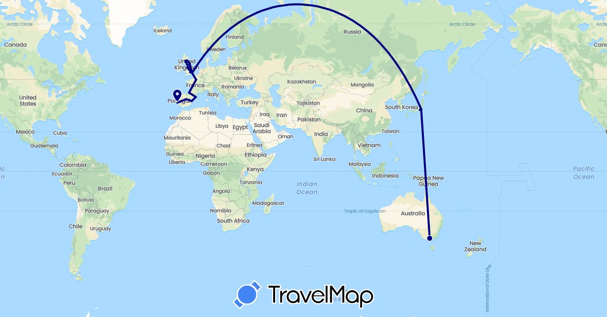TravelMap itinerary: driving in Australia, Spain, France, United Kingdom, Japan, Portugal (Asia, Europe, Oceania)